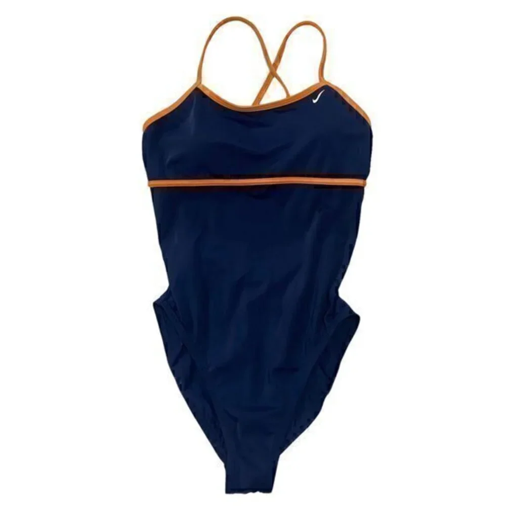 Nike Women Swimsuit Navy Orange Thin Straps Removable Pads Back Hook Stretch 12